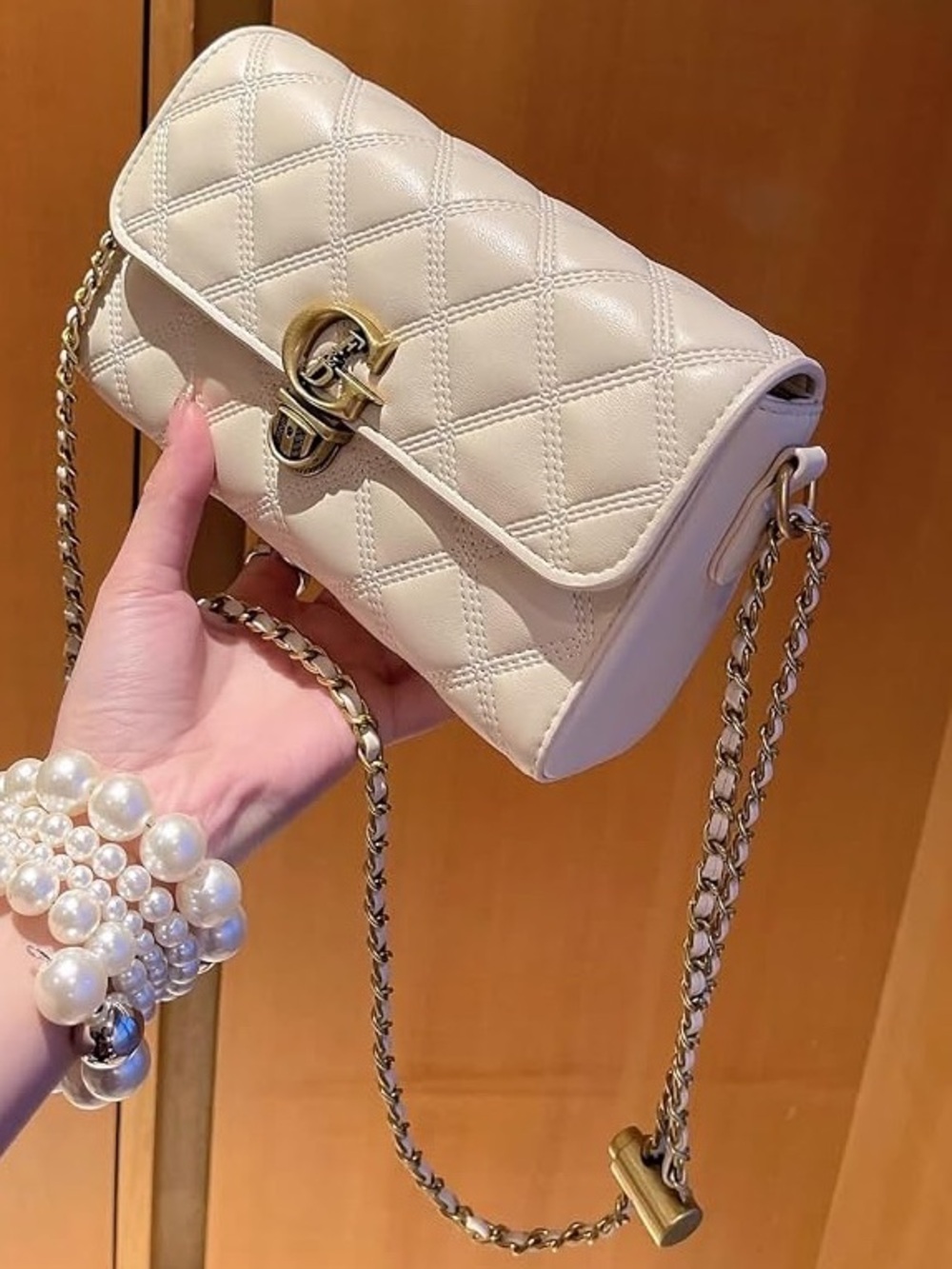 & Other Stories Quilted Cream Crossbody with Gold Chain Hardware